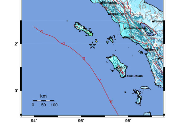 Peta episenter gempa M6,4 yang berpusat di 61 km Tenggara Sinabang, Aceh, dengan kedalaman 13 km.