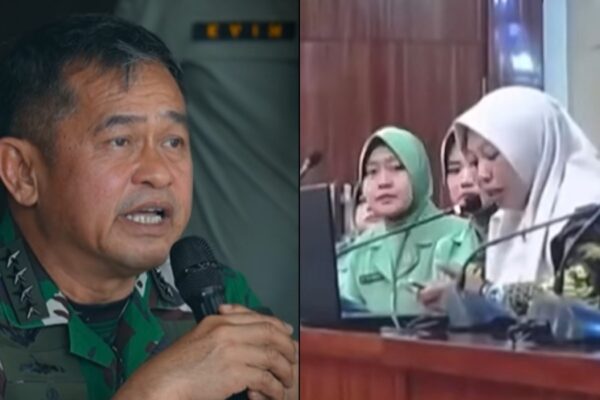 Jenderal TNI Maruli Simanjuntak menyematkan sesuatu kepada seorang wanita di podium acara TNI AD.