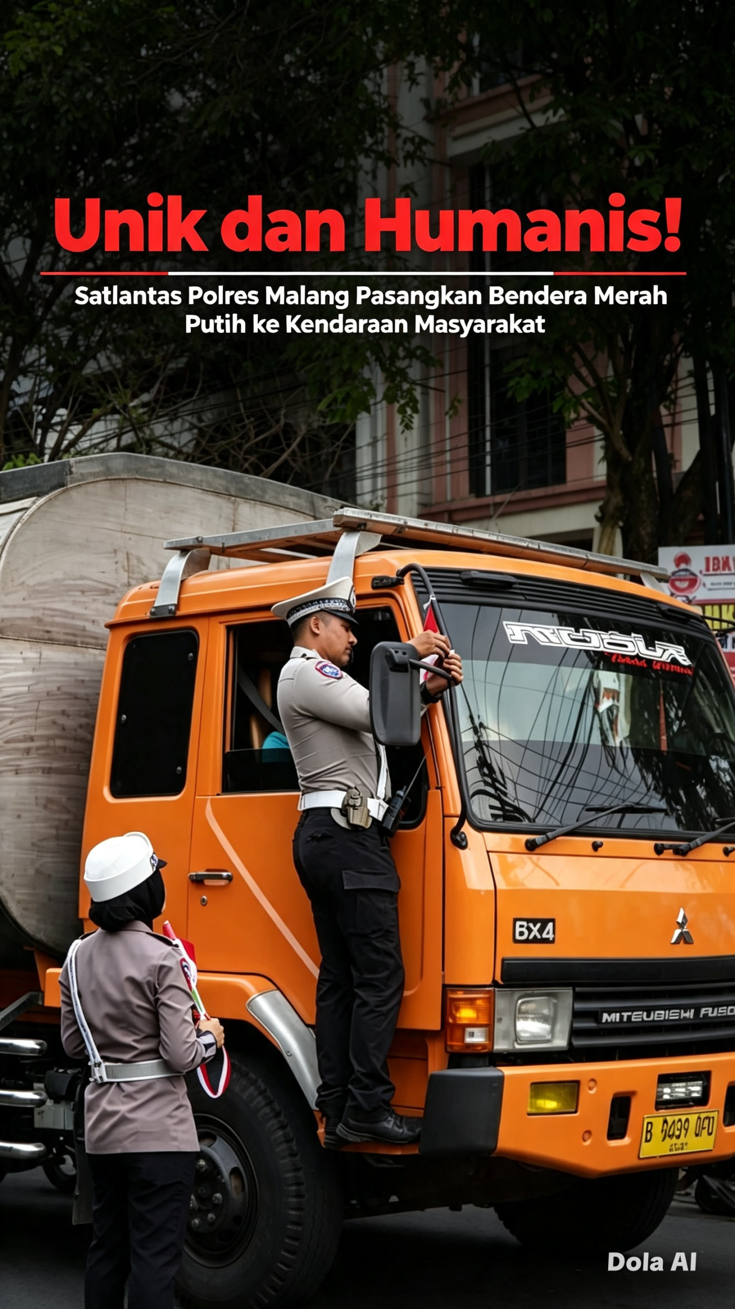Personel Satlantas Polres Malang memasangkan bendera Merah Putih ke kendaraan masyarakat di HUT ke-81 RI. Foto personel Satlantas Polres