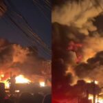 Petugas pemadam kebakaran berjibaku memadamkan api di pabrik bingkai Pondok Kelapa