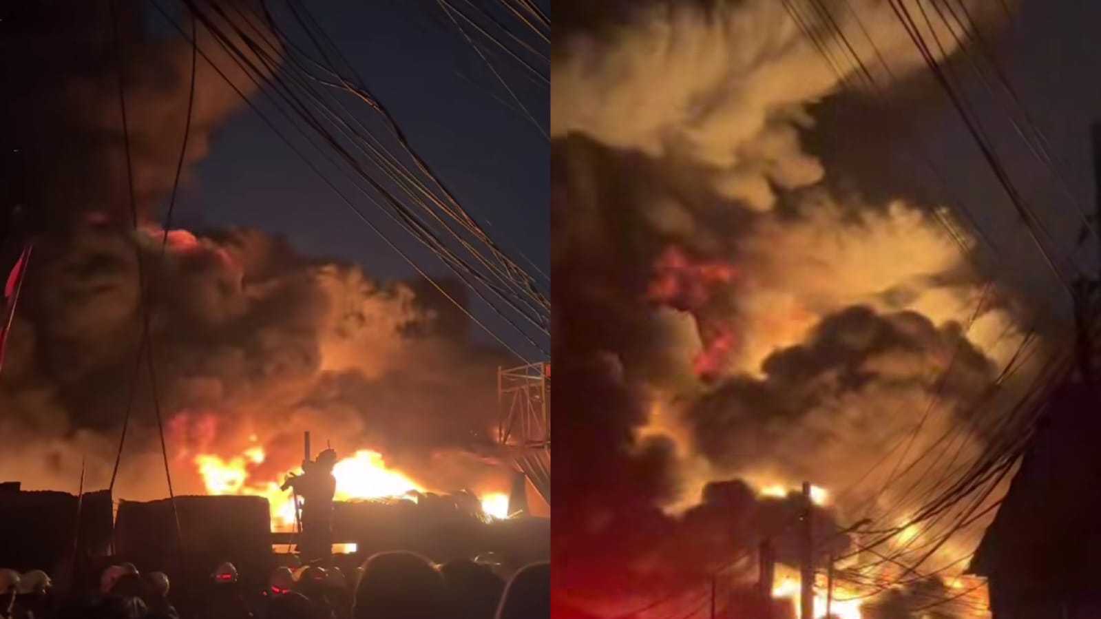 Petugas pemadam kebakaran berjibaku memadamkan api di pabrik bingkai Pondok Kelapa
