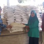 Kepala Desa Cemandi Dra Rusilah memimpin penyaluran bantuan pangan beras di Balai Desa Cemandi."