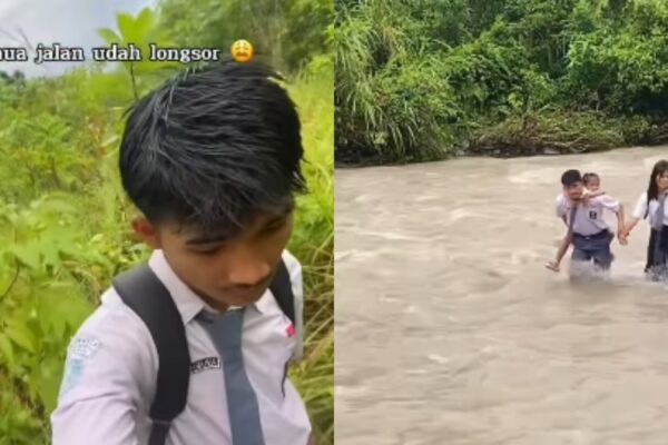 Asdar dengan seragam sekolah dan perlengkapan seadanya saat berjalan di jalanan berlumpur.