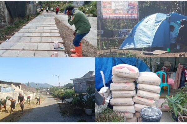 Kegiatan kerja bakti dimulai dengan membersihkan jalan dari rumput liar dan bebatuan, kemudian meratakan permukaan jalan yang berlubang.