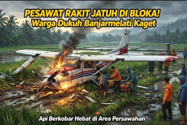 Kobaran api dan kepulan asap hitam pekat dari pesawat rakit yang jatuh di Ngawen Blora.