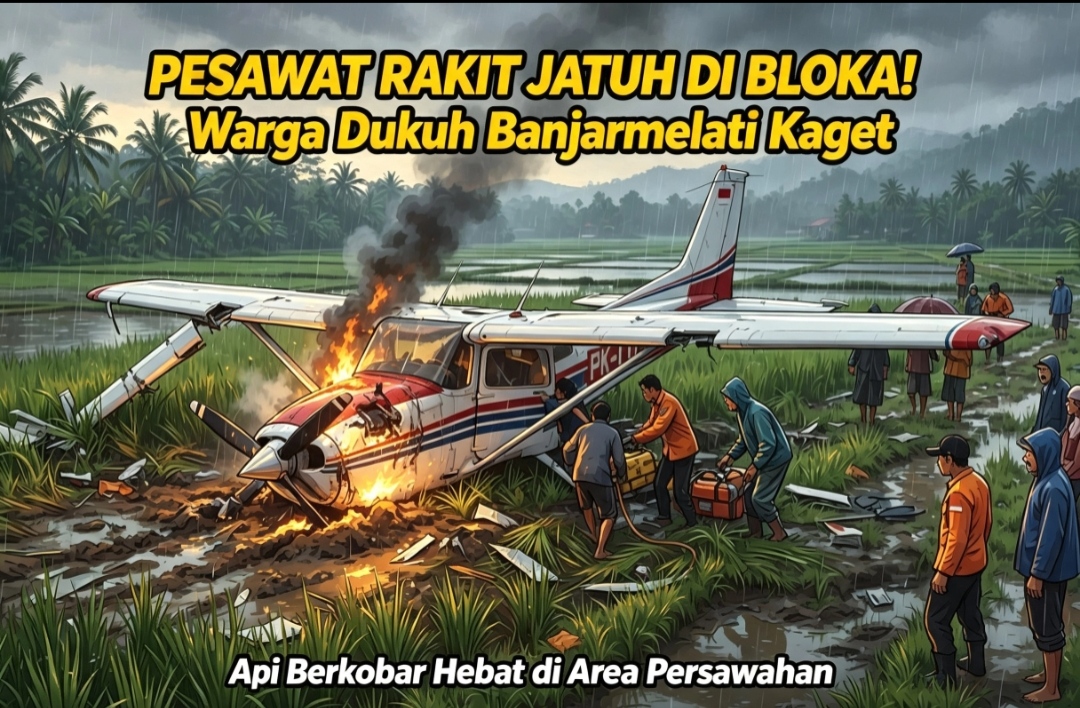 Kobaran api dan kepulan asap hitam pekat dari pesawat rakit yang jatuh di Ngawen Blora.