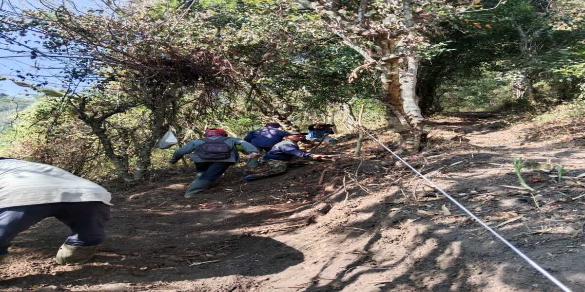 Puluhan warga Dusun Bendorejo, Desa Sumberagung, Ngantang, bekerja bakti membuka jalur pendakian di lereng Puncak Srege. Mereka membawa cangkul dan sekop, dengan latar belakang perbukitan hijau dan Waduk Selorejo yang terlihat di kejauhan.